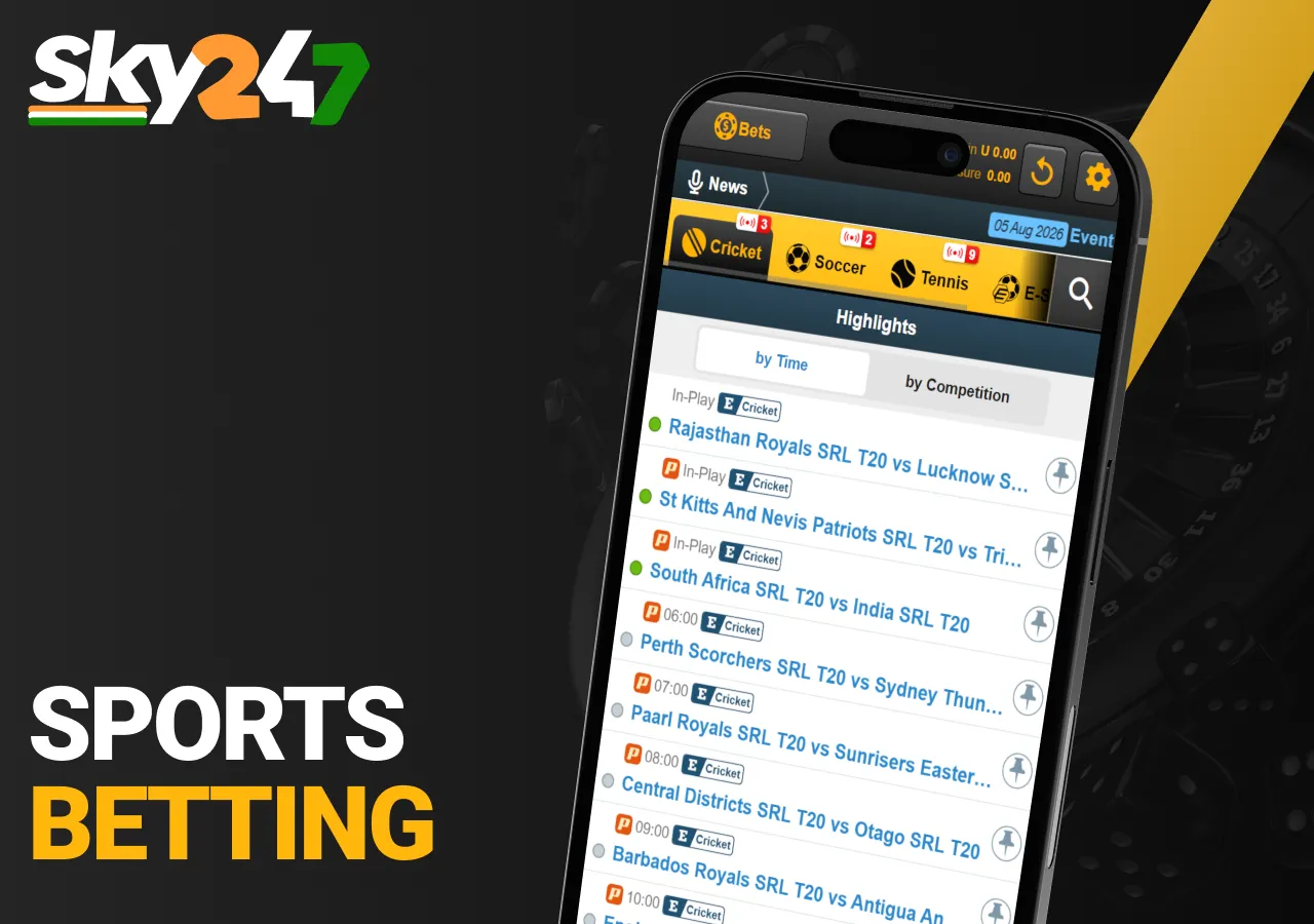Sky247 offers sports betting on cricket, football, tennis and many other events.
